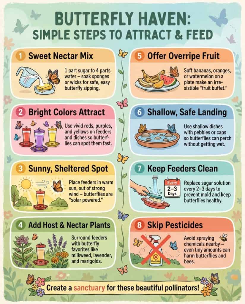 Butterfly feeder infographic showing seven DIY feeding station designs using common household items