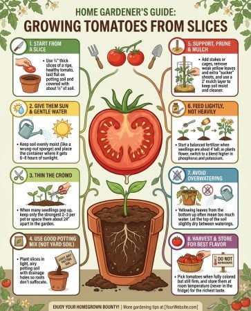 Infographic showing tomato slice planting method with soil depth and germination stages illustrated