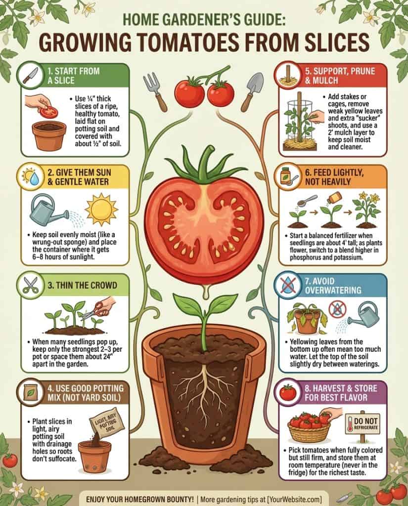 Infographic showing tomato slice planting method with soil depth and germination stages illustrated