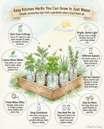 Infographic showing water propagation method for herbs in glass jars with root development stages