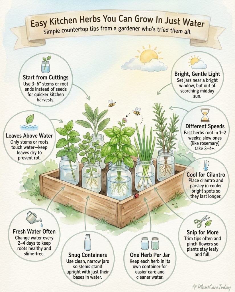 Infographic showing water propagation method for herbs in glass jars with root development stages