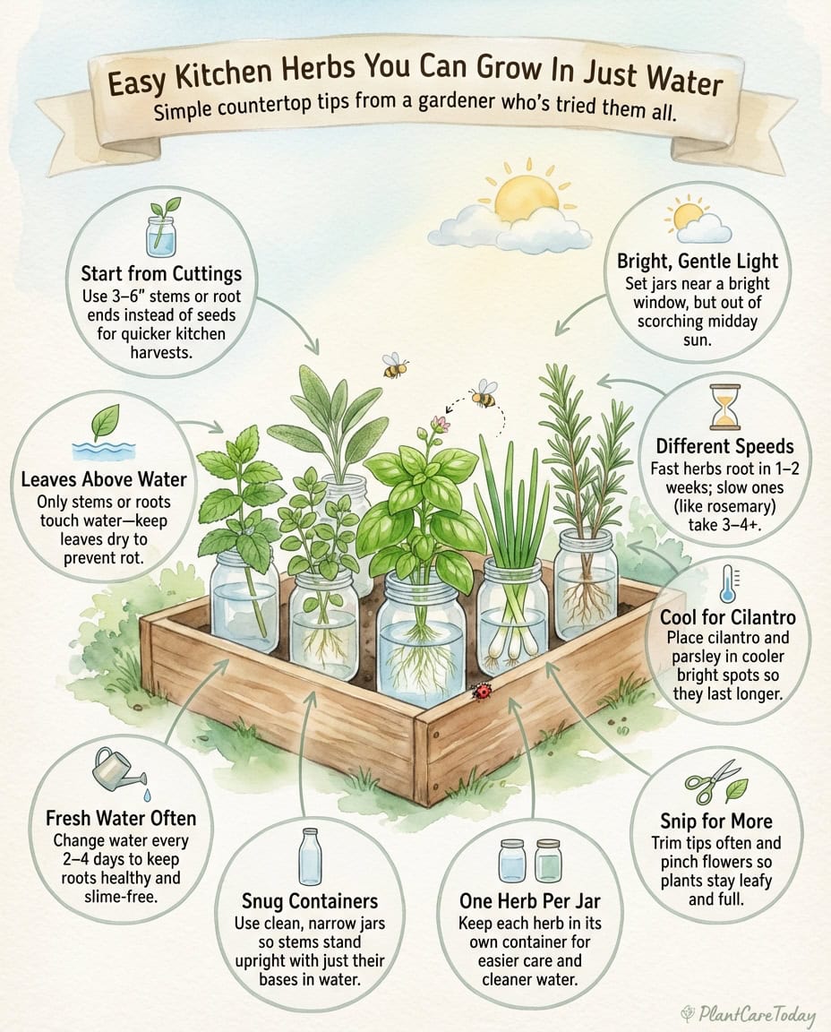 Infographic showing water propagation method for herbs in glass jars with root development stages