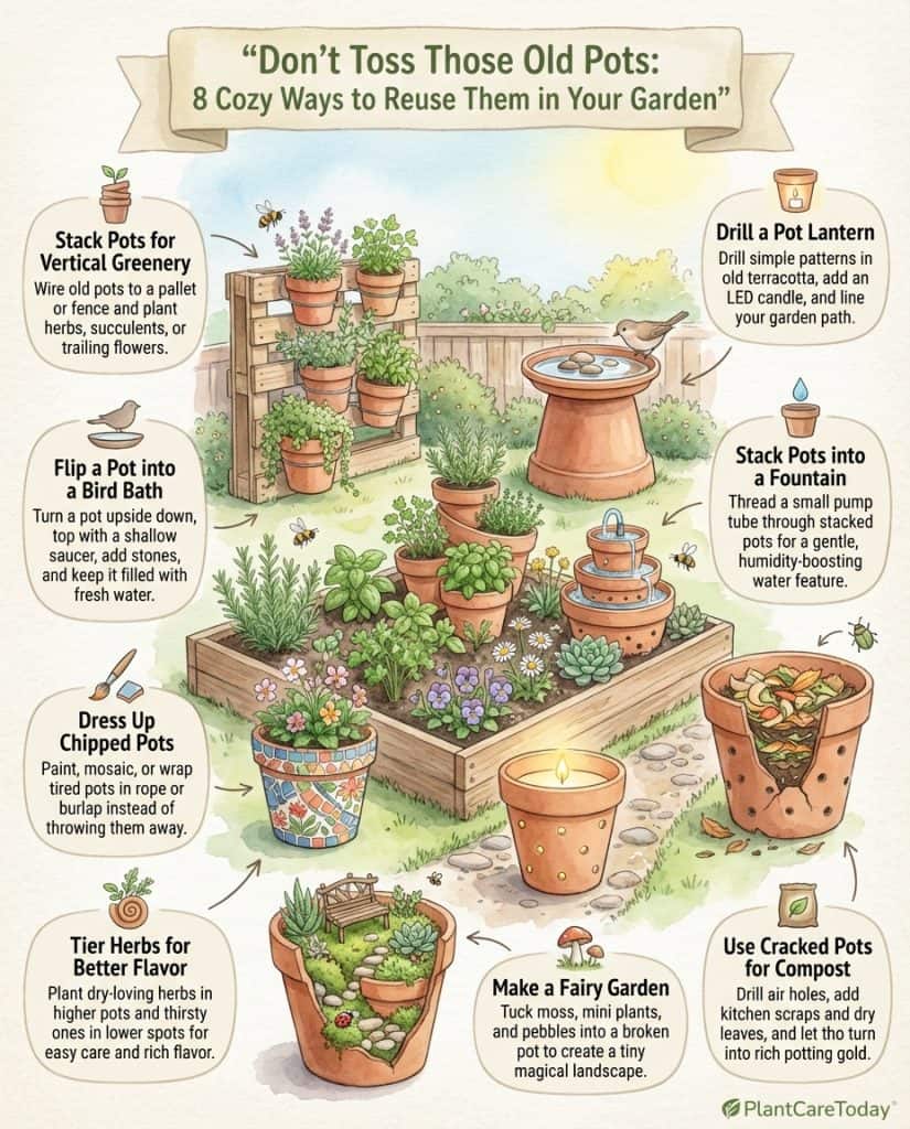 Infographic showing creative broken pot planter ideas with step-by-step transformation photos