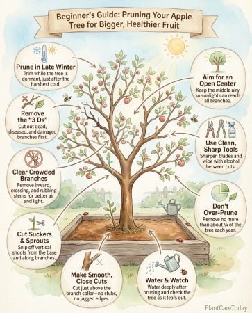 Apple tree pruning infographic showing four essential techniques with illustrated branch diagrams