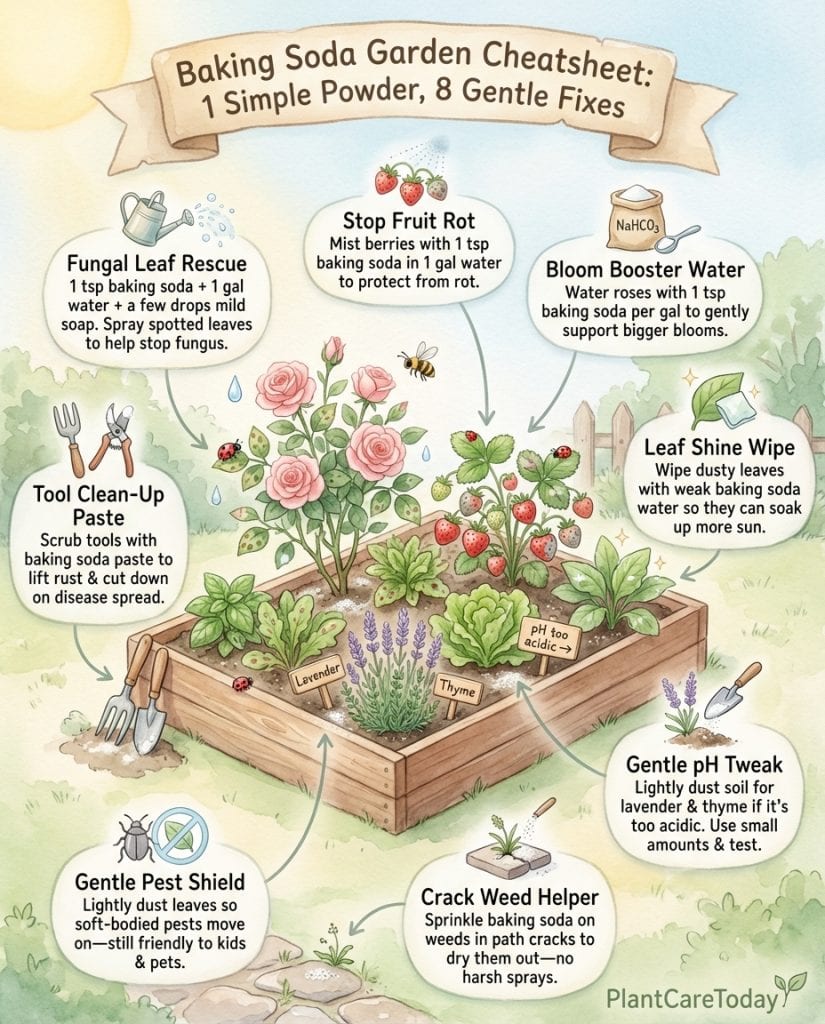 Infographic displaying ten baking soda uses for garden care with illustrated application methods