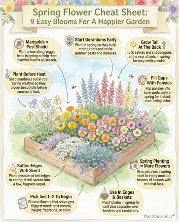 Infographic displaying nine spring-planted flower varieties with planting timeline and bloom periods