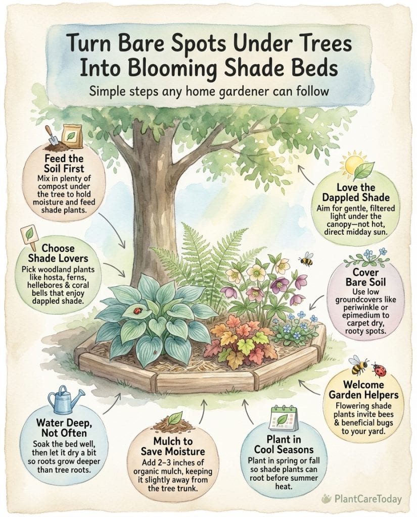 Infographic displaying nine shade-tolerant flowering plants suitable for planting under trees