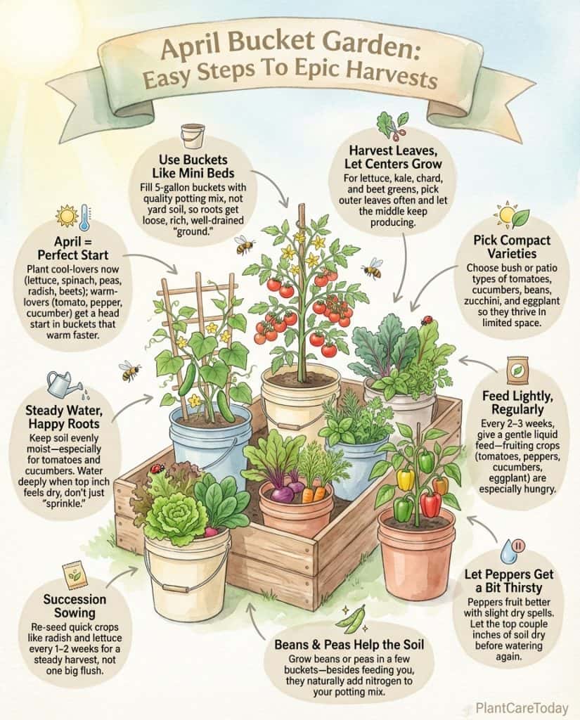 Container vegetable gardening infographic showing 15 vegetables suitable for 5-gallon bucket growing in April