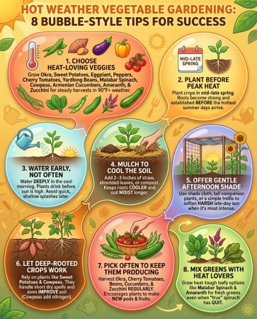 Infographic displaying 11 heat-tolerant vegetables with growing temperature ranges and plant images
