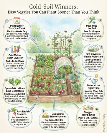 Infographic displaying nine cold-tolerant vegetables with planting timeline and soil temperature chart