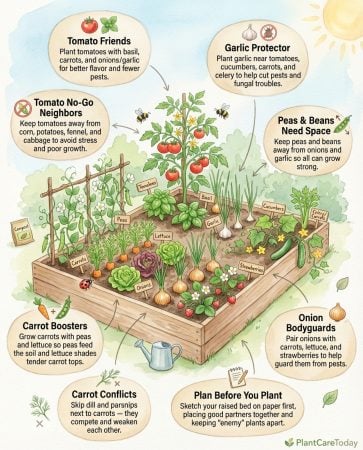 Tomato companion planting infographic showing beneficial and harmful vegetable pairings with garden layout examples