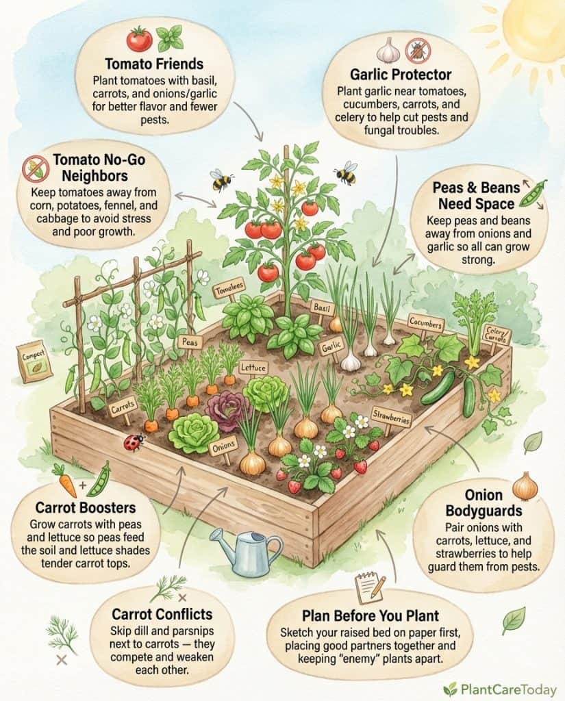 Tomato companion planting infographic showing beneficial and harmful vegetable pairings with garden layout examples