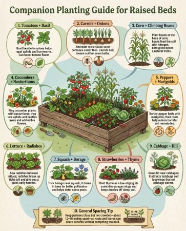 Companion planting infographic showing beneficial plant pairings with garden layout diagrams