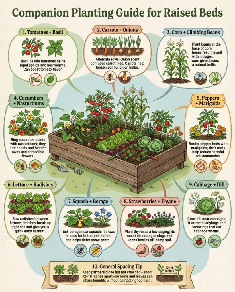 Companion planting infographic showing beneficial plant pairings with garden layout diagrams