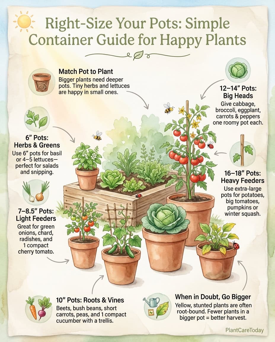 Container vegetable and herb pot size guide infographic with measurements for common plants