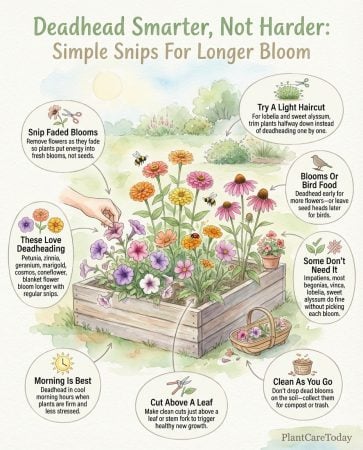 Deadheading infographic showing flowers that need cutting versus self-cleaning varieties with visual examples