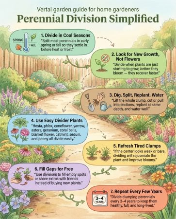 Hosta division infographic showing multiplication timeline and step-by-step splitting process