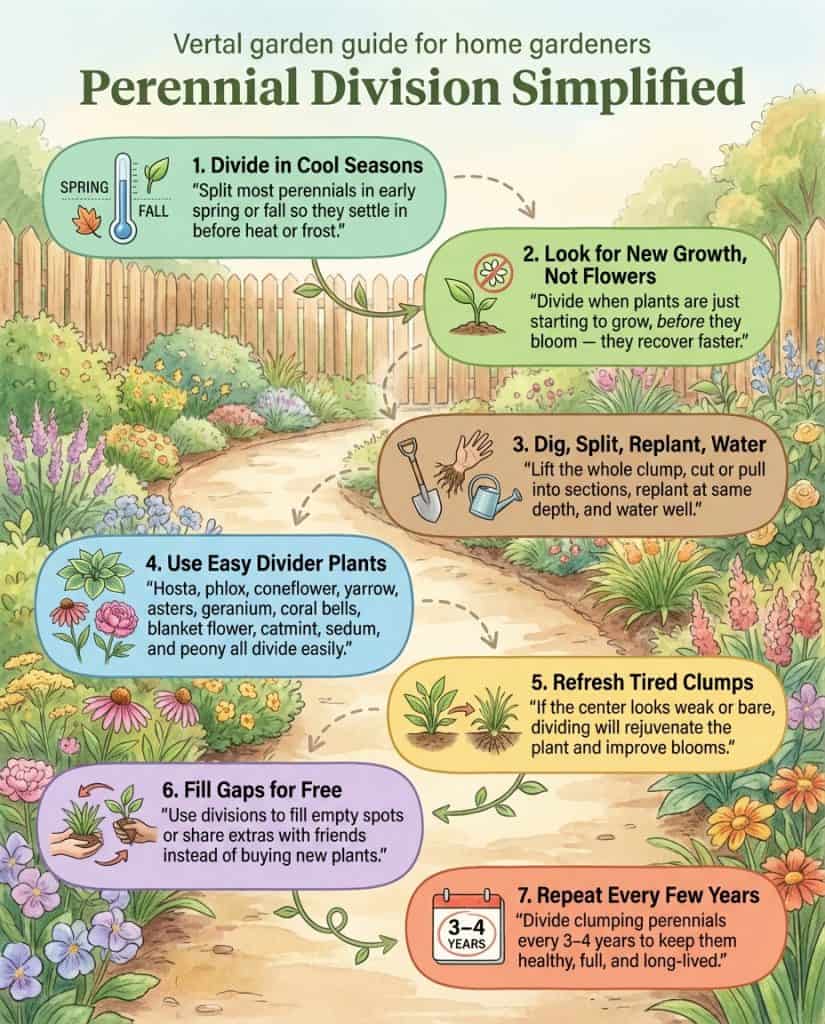 Hosta division infographic showing multiplication timeline and step-by-step splitting process