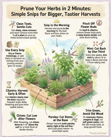 Herb pruning infographic showing trimming techniques for basil, oregano, and other common herbs