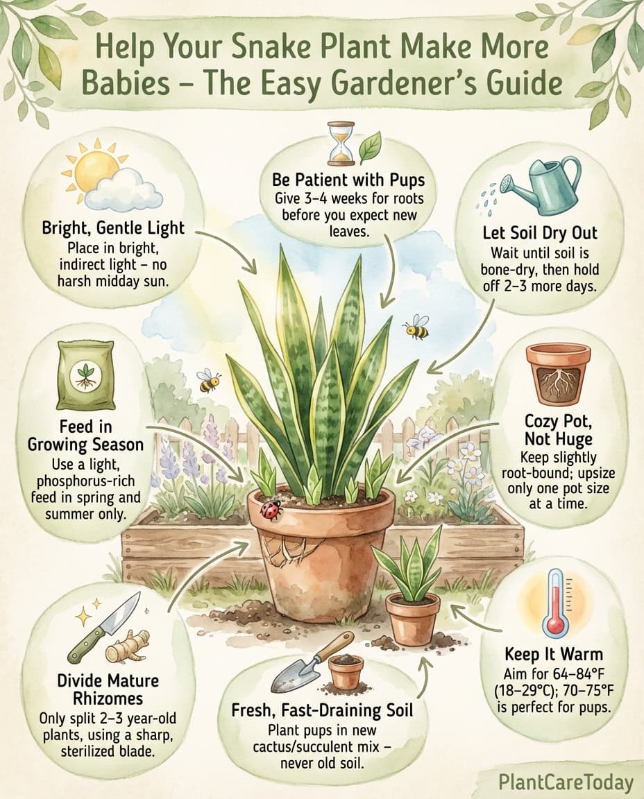 Snake Plant propagation infographic showing stress-inducing techniques for creating multiple offsets