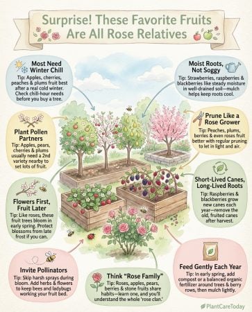 Infographic displaying ten fruit plants from the Rosaceae family with botanical relationship details