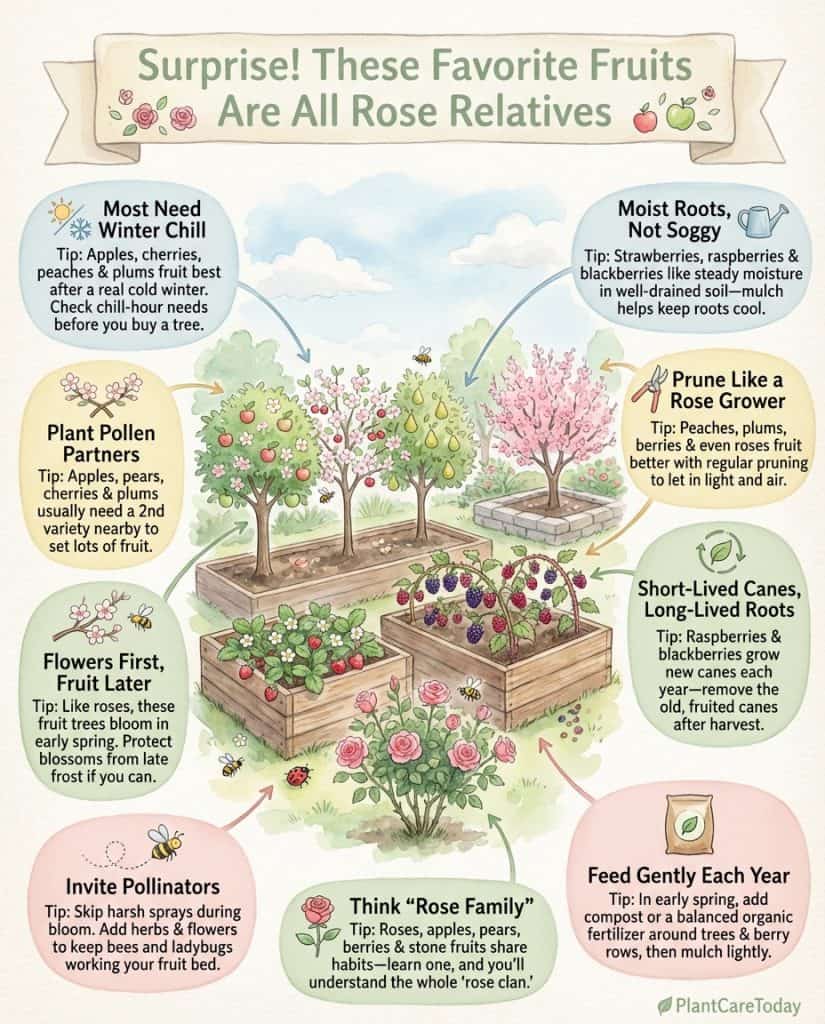 Infographic displaying ten fruit plants from the Rosaceae family with botanical relationship details