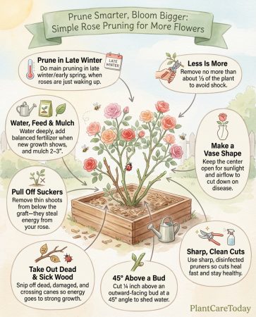 Rose pruning infographic showing proper cutting techniques and timing for increased bloom production