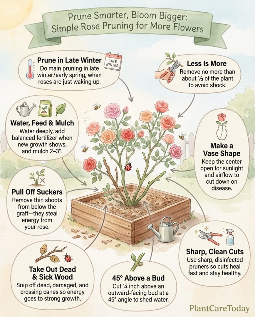 Rose pruning infographic showing proper cutting techniques and timing for increased bloom production