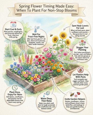 Infographic showing three-stage spring planting timeline for flowers with optimal scheduling chart