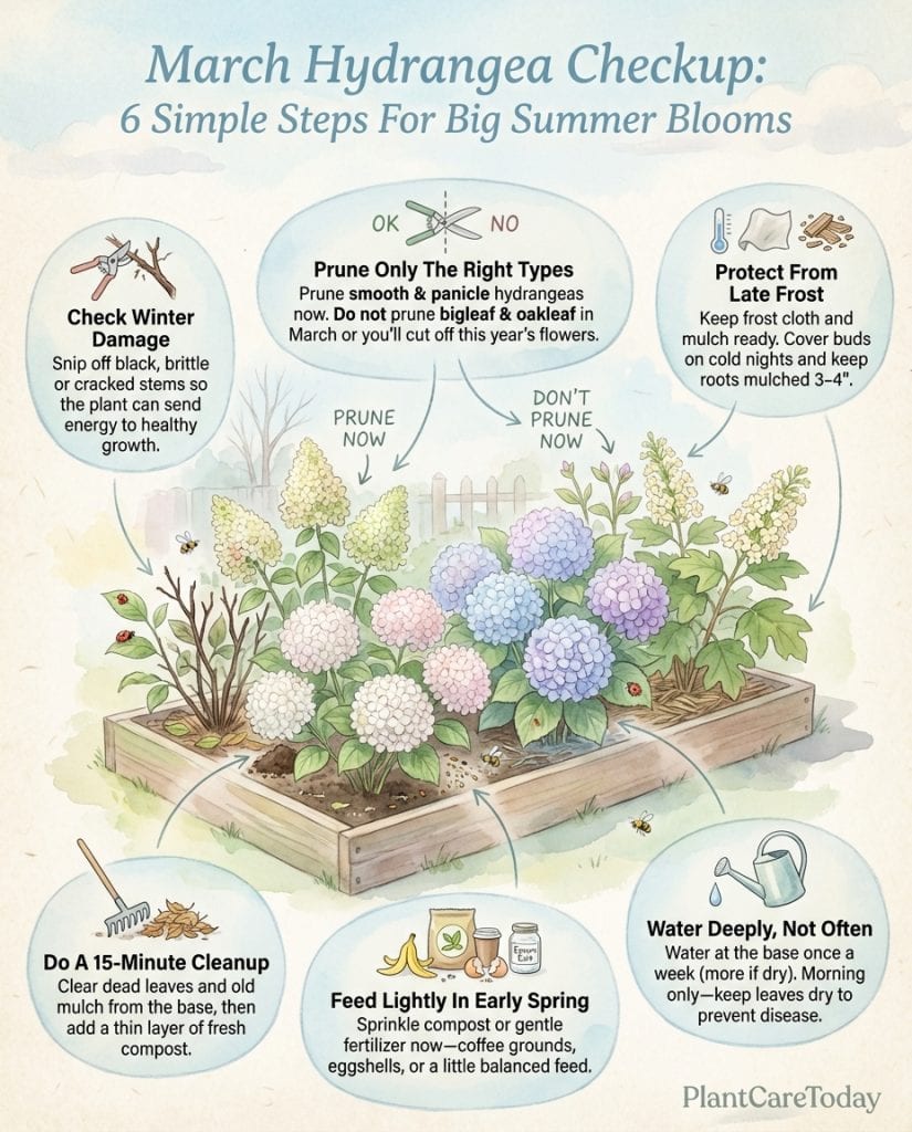 Hydrangea pruning infographic showing timing guidelines for different hydrangea varieties in March