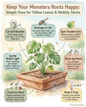 Monstera root rot infographic showing warning signs, causes, and recovery steps with plant illustrations
