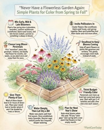 Infographic displaying eleven long-blooming perennial flowers with bloom period timeline chart