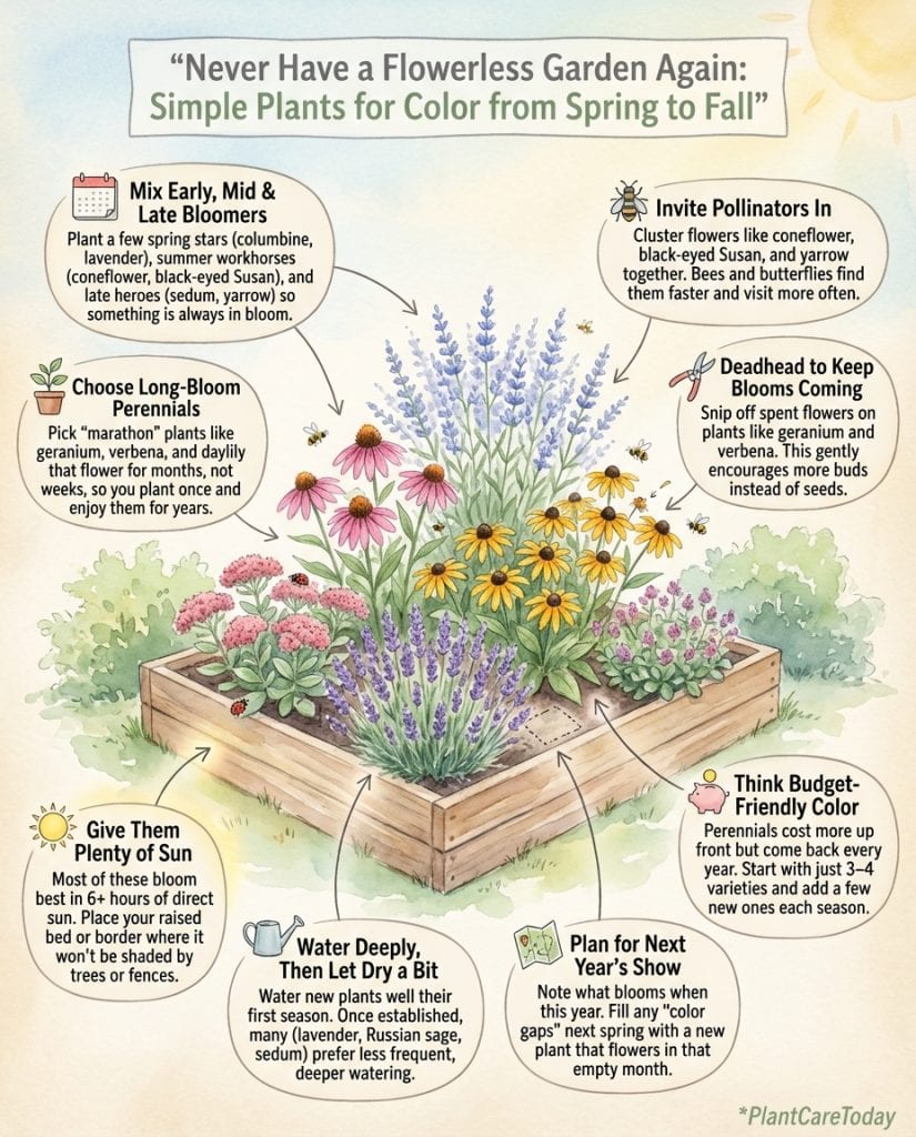 Infographic displaying eleven long-blooming perennial flowers with bloom period timeline chart
