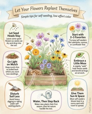 Infographic displaying eleven self-seeding flower varieties with visual identification and growing details