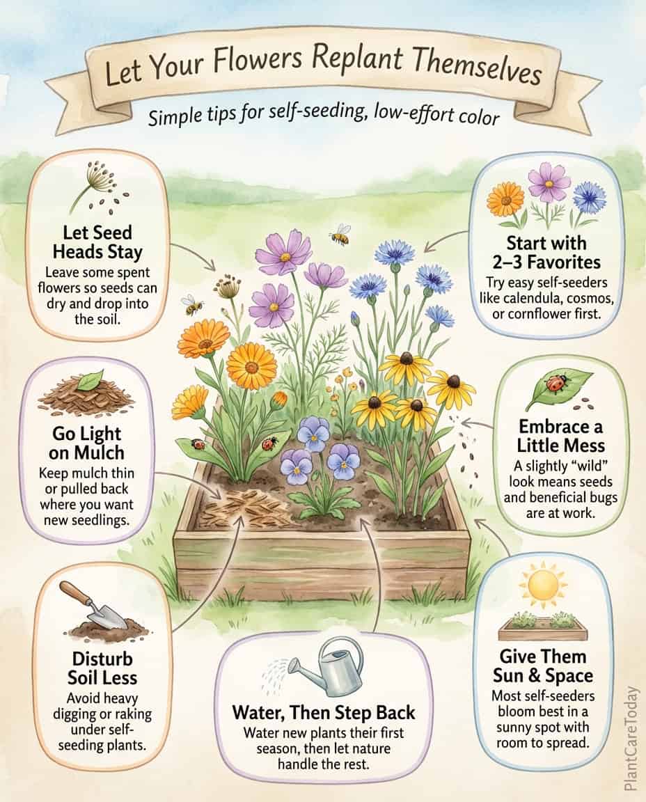 Infographic displaying eleven self-seeding flower varieties with visual identification and growing details