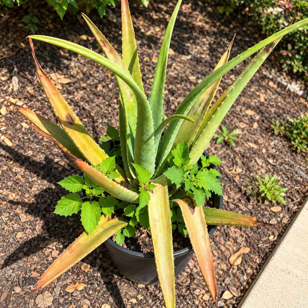 Potted aloe plant with yellowing and browning outer leaves in a sunny garden