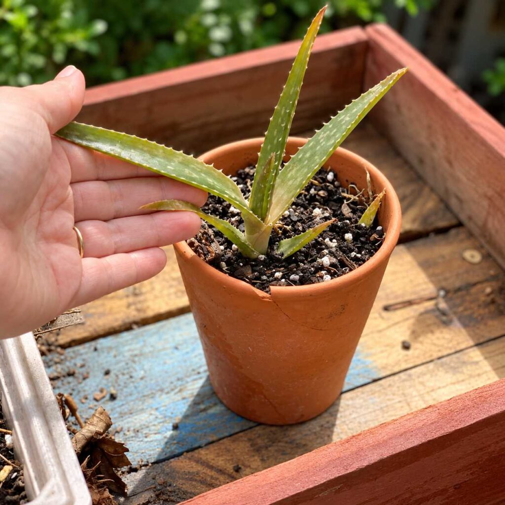 Small aloe plant in a terracotta pot with a hand gently holding one of its leaves