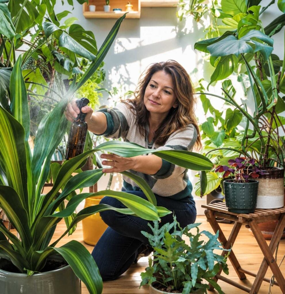 A woman applies neem oil spray to large green leaves while tending houseplants in a bright indoor plant room.
