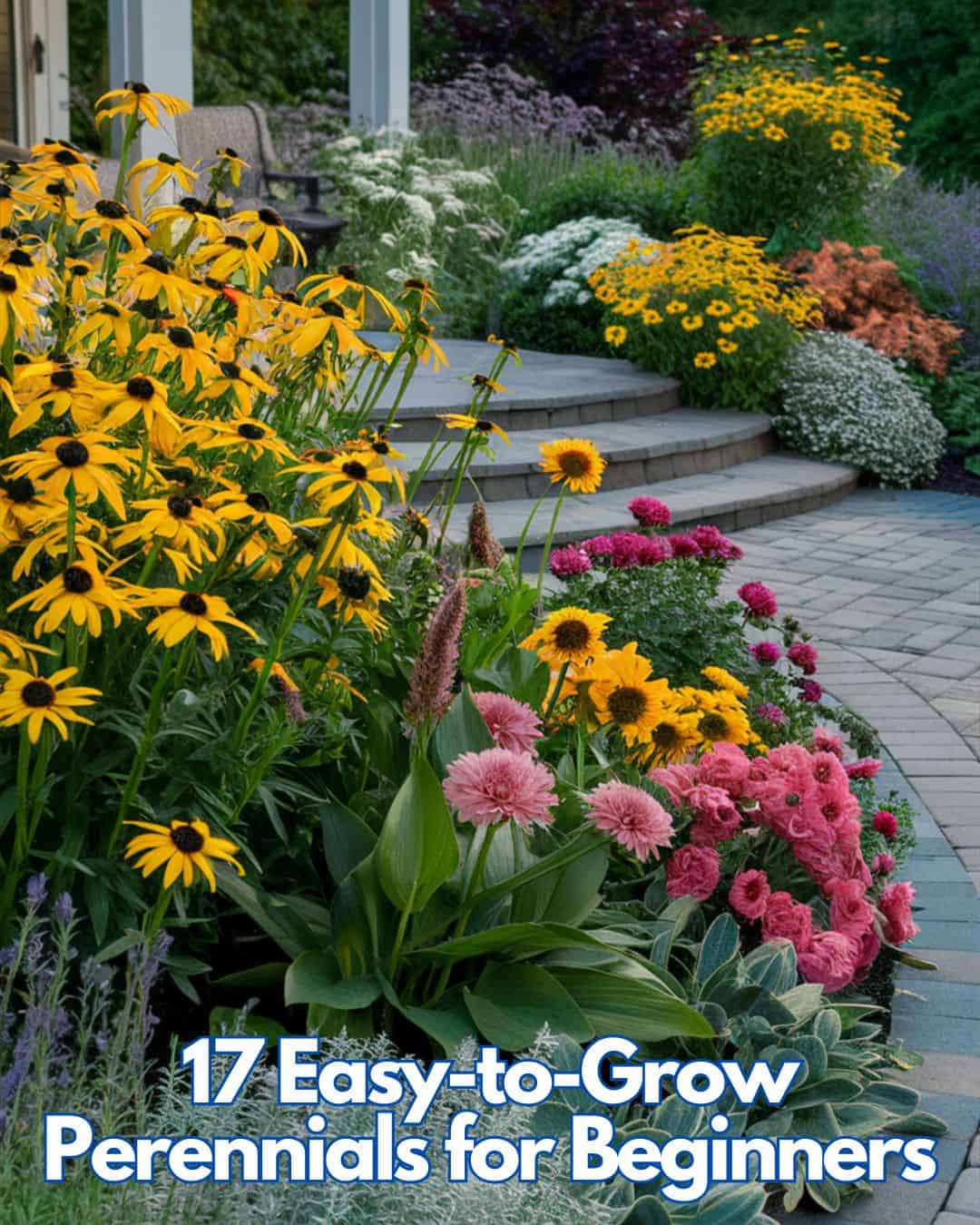 A breathtaking photograph of an exquisitely designed backyard patio landscape. The space is tastefully adorned with a variety of perennials, resulting in a vibrant and diverse floral display. Bright yellow Black-Eyed Susans and Shasta Daisies stand tall, drawing the eye to their stunning blossoms. Echinacea, Peonies, and Bleeding Hearts introduce a touch of pink, while Hostas and Coral Bells offer lush green accents. Silvery Sedum and Russian Sage contrast beautifully with the bold colors of the other flowers. Asters and Yarrow bring a touch of purple to the scene, and the soothing fragrance of Lavender and Bee Balm fills the air. The patio is crafted from stone pavers, creating a comfortable seating area