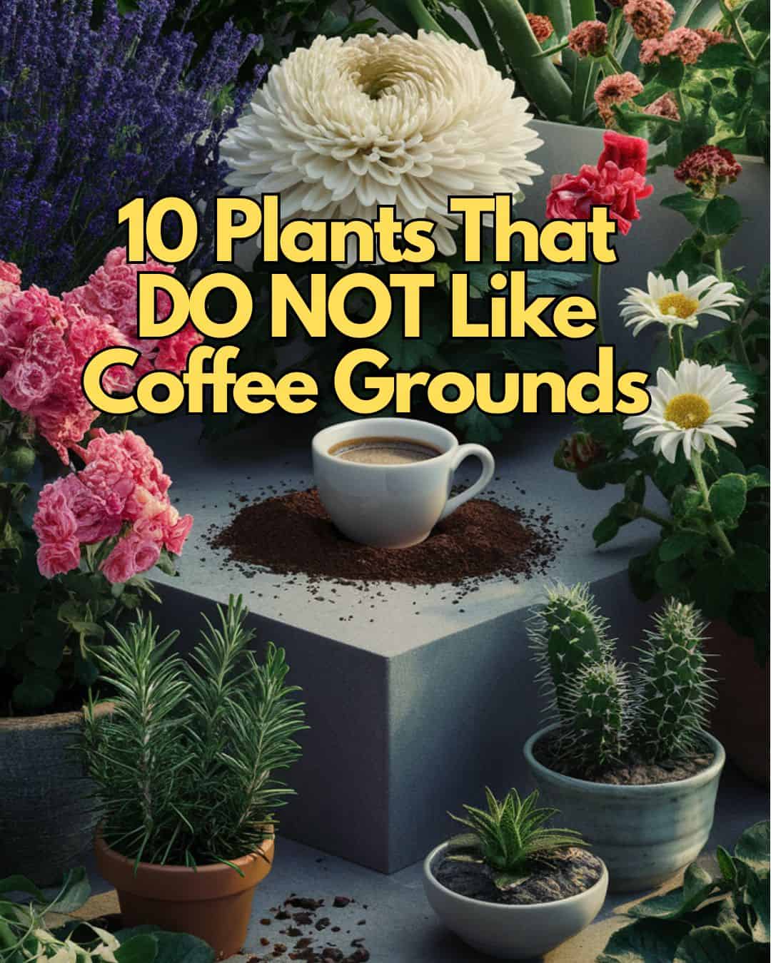 A vibrant and creative display of various plants, each carefully arranged to highlight their unique features. a small display with a coffee cup surrounded by used coffee grounds is in the center. A Chrysanthemum takes center stage, surrounded by Geraniums. Nearby, a large Lavender bush emits a calming fragrance. An Aloe Vera plant stands tall, reaching for the sky, while Dianthus and Snapdragons flourish in a corner. Cacti and Succulents are grouped together, showcasing their diverse shapes and textures. A Shasta Daisy stands proudly, its white petals contrasting with the green foliage. Rosemary and Mint grow together in a small pot, their fragrances blending harmoniously. The overall atmosphere of the photo is one of lush greenery, with hints of color and texture, creating a serene and rejuvenating scene.