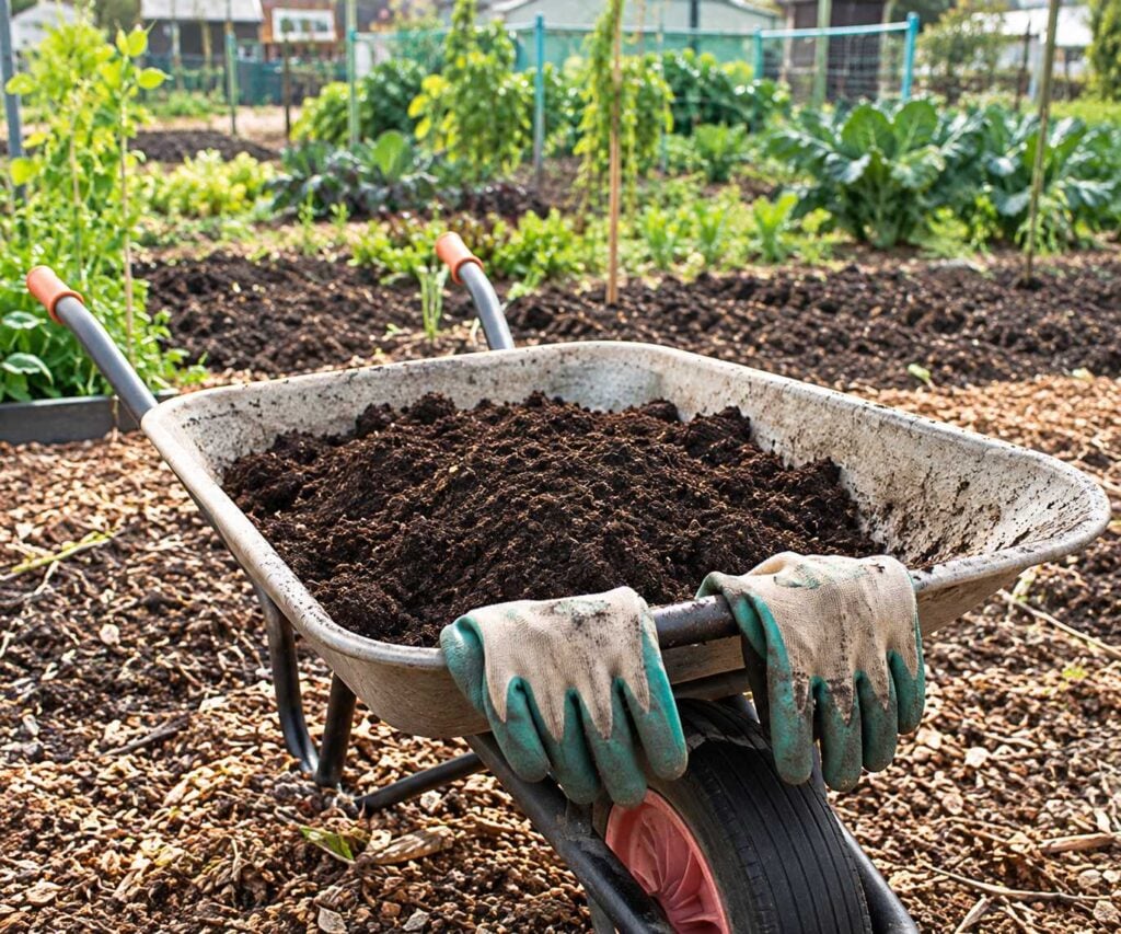 A wheelbarrow filled with coffee grounds sits in a community garden, with gardening gloves resting on the front and vegetable beds behind.