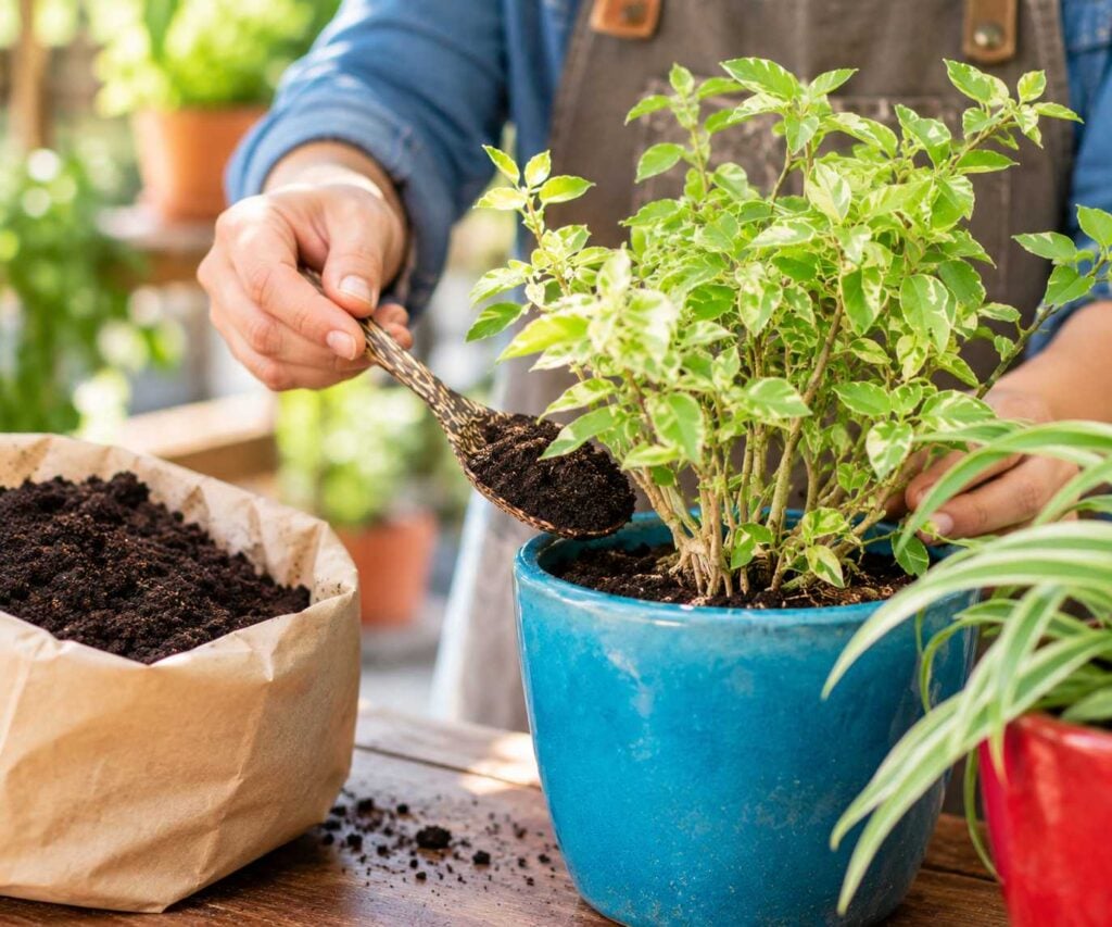 A gardener uses a decorative scoop to add dark soil with coffee grounds around a variegated plant growing in a bright blue ceramic pot.