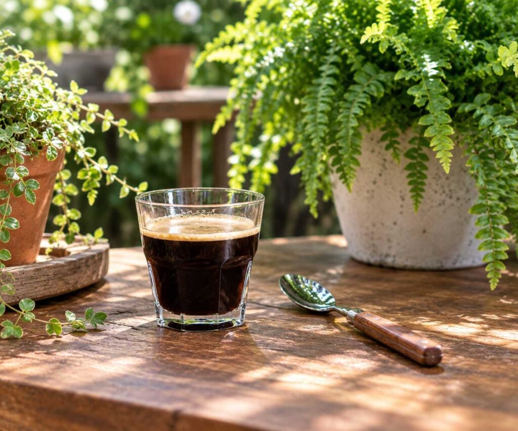 A glass of black coffee and a spoon sit on a rustic wooden table surrounded by lush green potted plants.