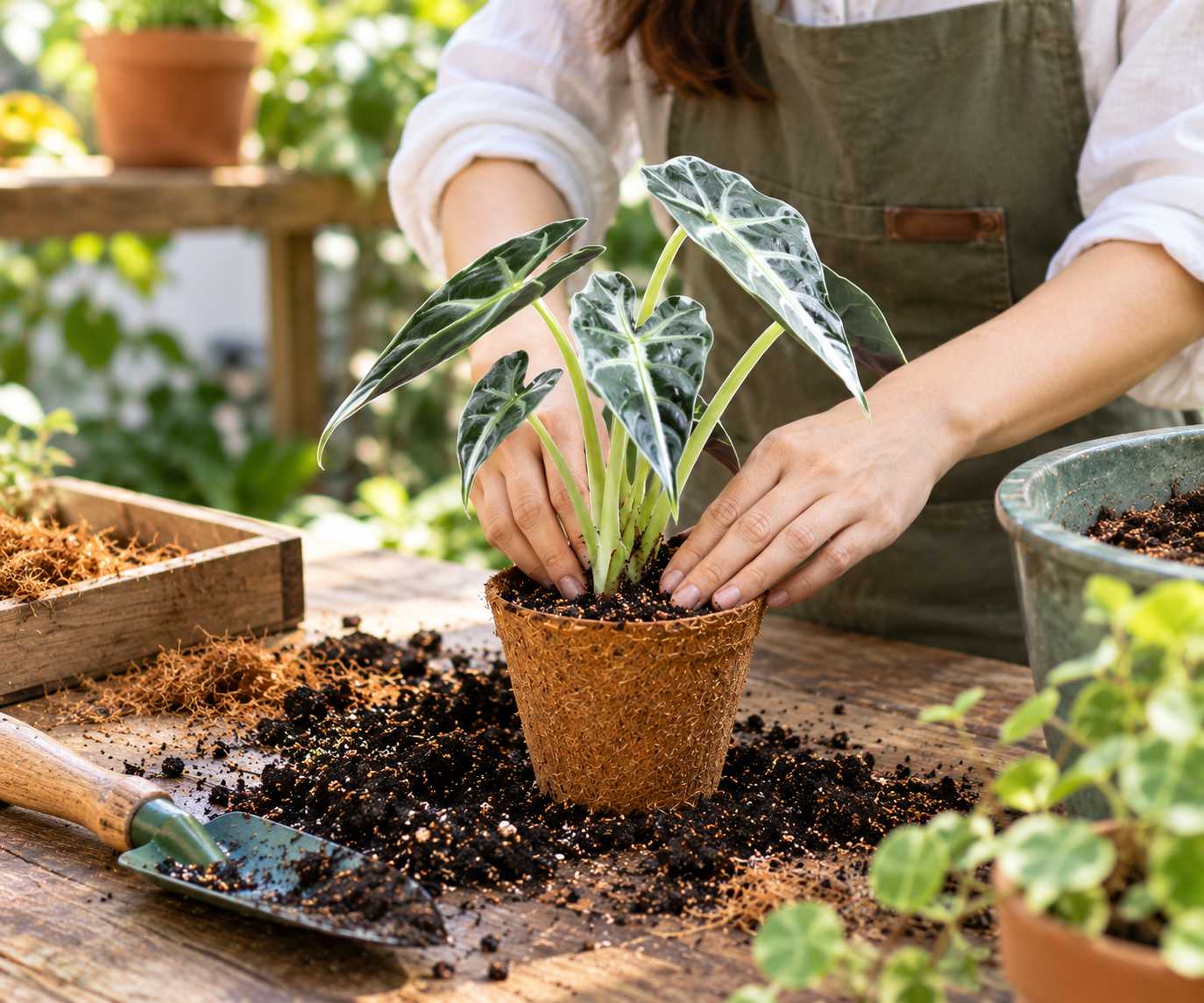 A person gently repots a young leafy houseplant into a biodegradable pot on a wooden table scattered with soil and gardening tools.