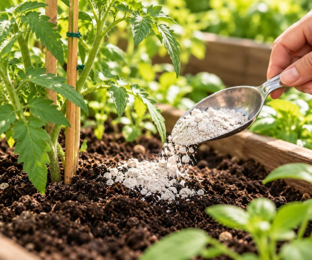 A gardener sprinkles diatomaceous earth powder from a metal spoon onto dark soil around a staked tomato plant in a sunny raised garden bed.
