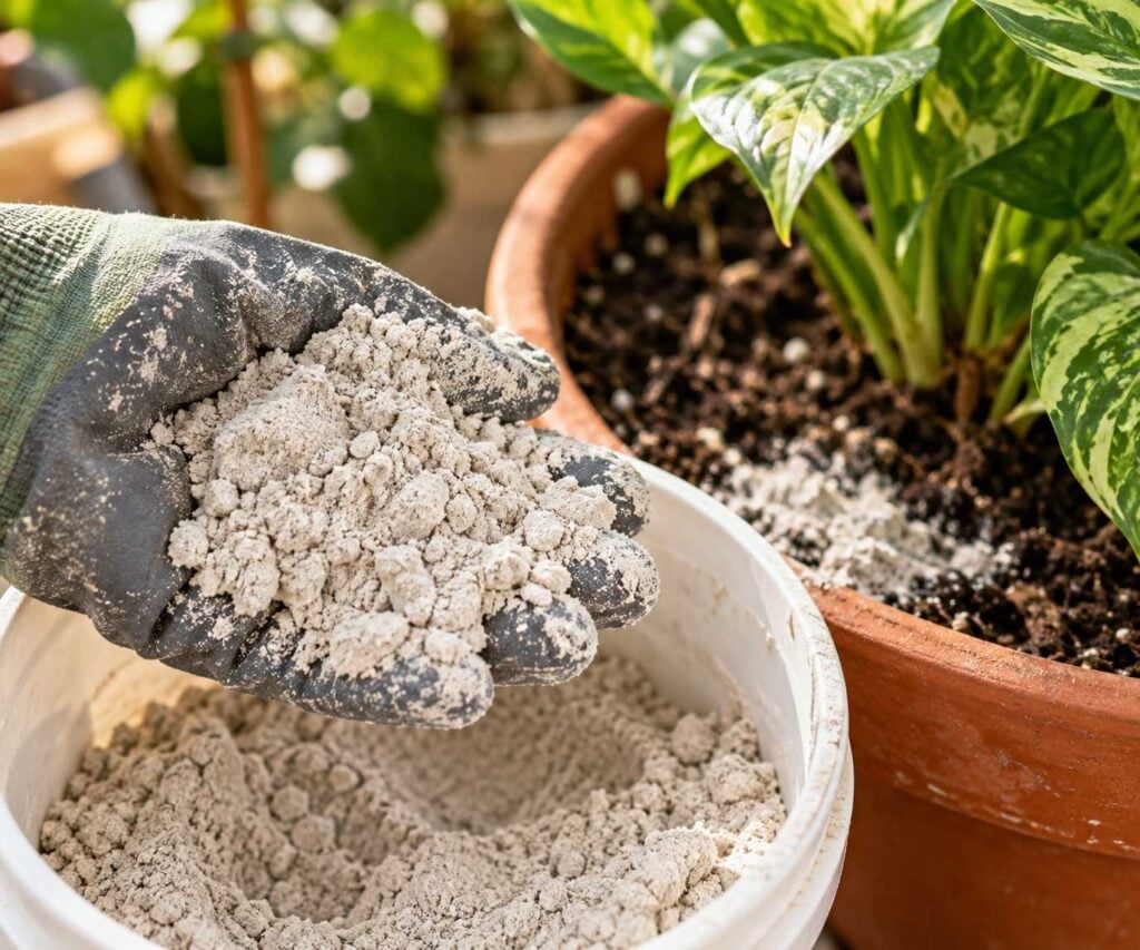 A gloved hand holds a scoop of diatomaceous earth for potted plants beside a leafy houseplant, with powder sprinkled across the potting soil.