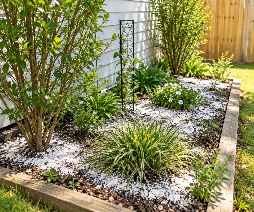 A sunny garden bed treated with diatomaceous earth in potted plants and garden soil, surrounding shrubs, ornamental grasses and flowering plants.