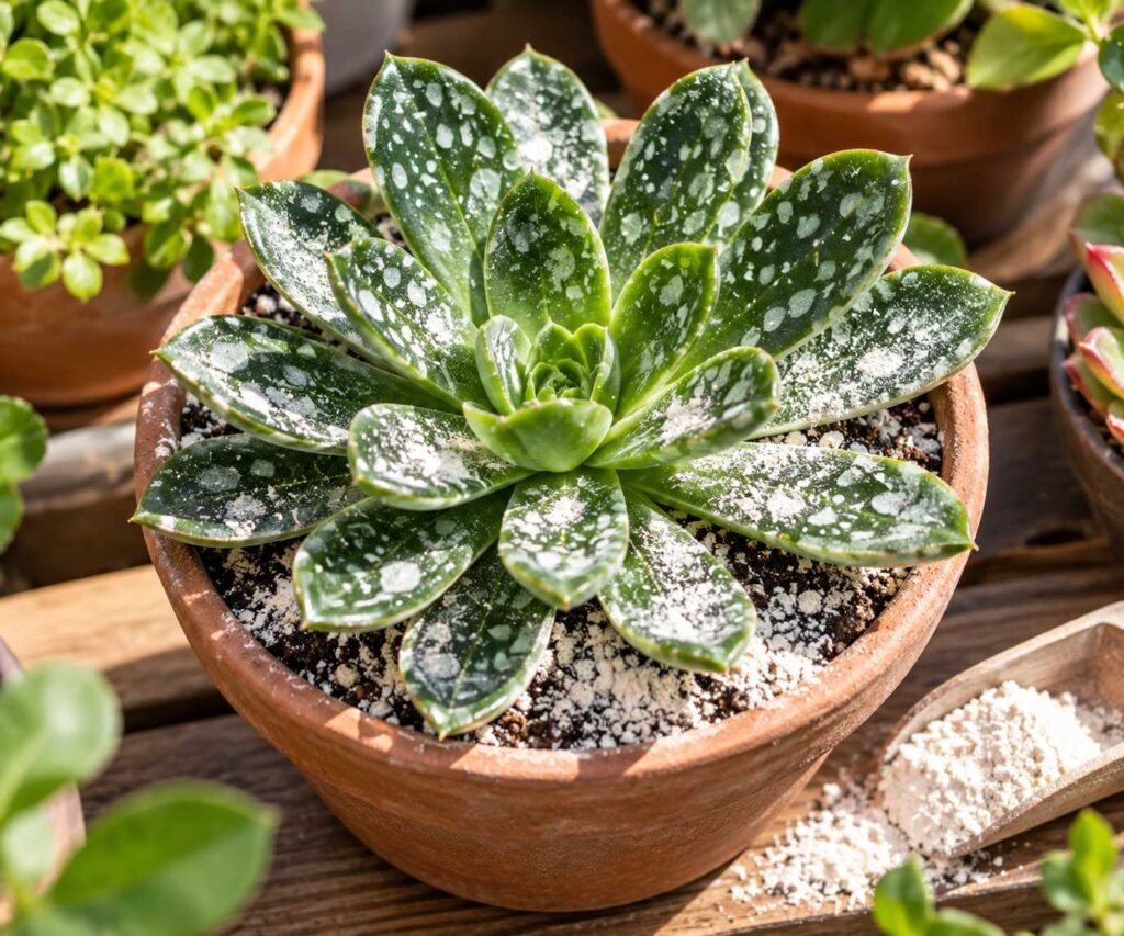 A potted green succulent dusted with diatomaceous earth in potted plants, with pale powder scattered across the leaves and soil beside a wooden scoop.