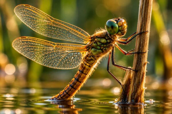 A dragonfly clings to a weathered reed above shallow water, with translucent wings illuminated by warm golden sunlight.