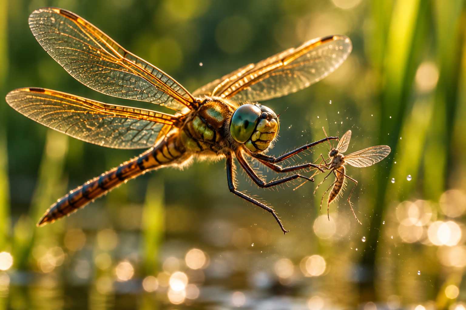 Dragonflies catch prey in mid-air as a dragonfly reaches towards a small flying insect above a sunlit pond surrounded by reeds.